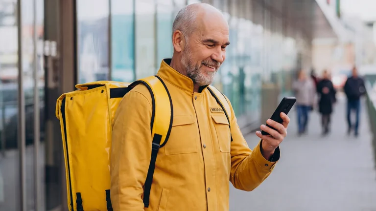 Михаил Дорохов в экипировке курьера с термосумкой и смартфоном на фоне Москвы