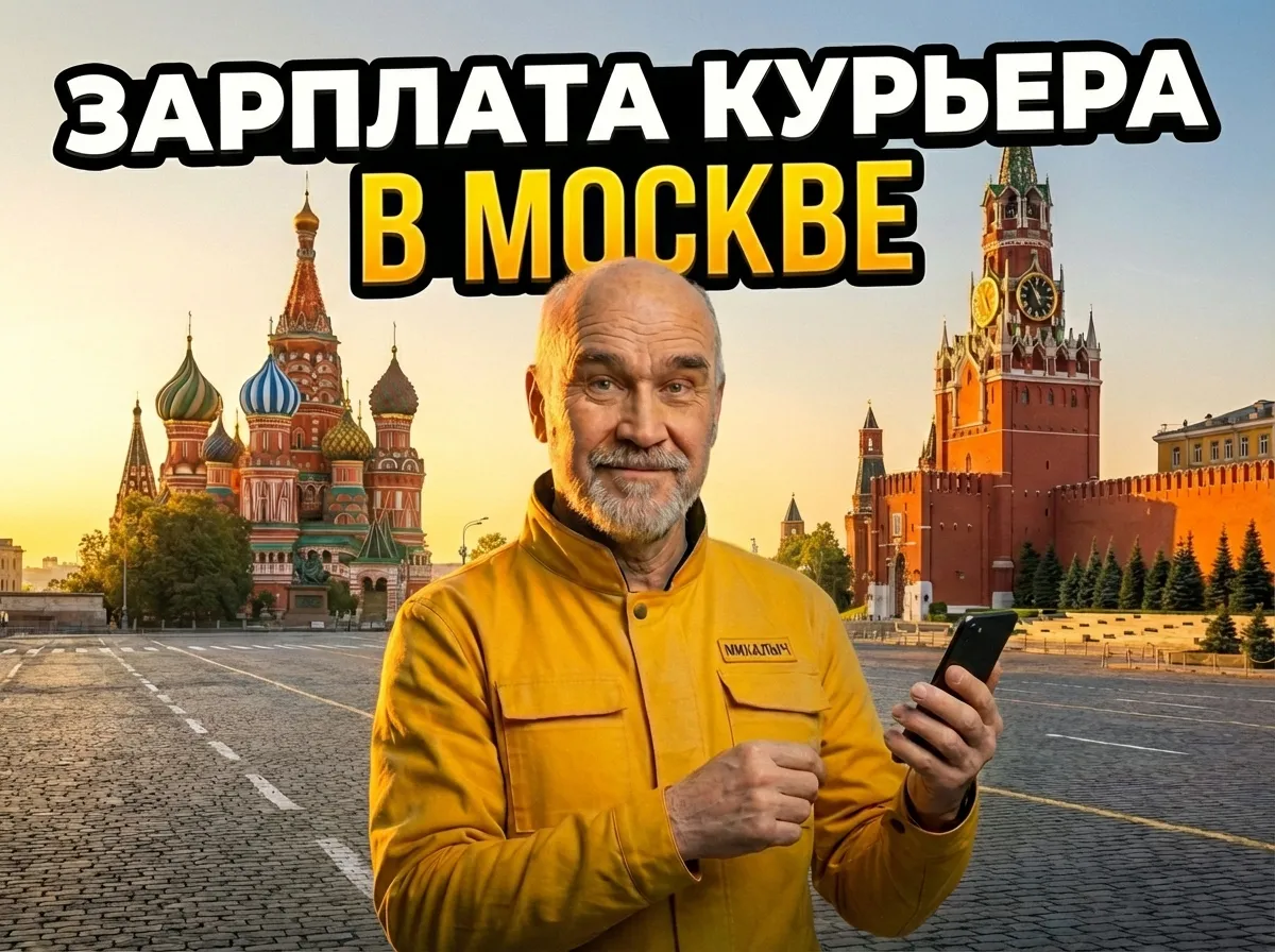 Курьер в Москве на фоне городского пейзажа считает свой доход на калькуляторе в телефоне.